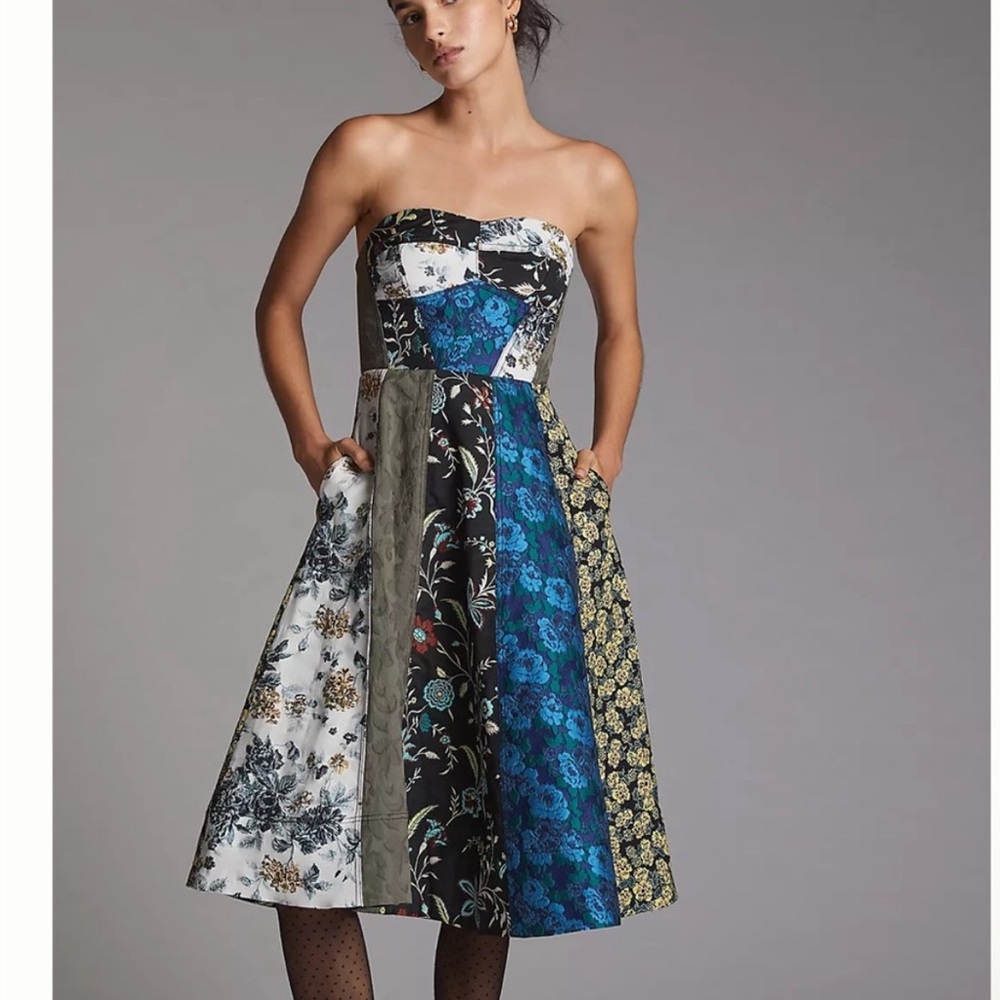 Anthropologie Multicolored Floral Patchwork Sweetheart Neckline Midi Dress 10